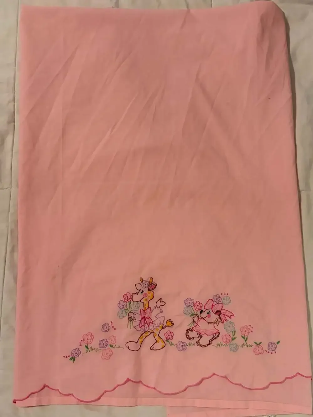 Vintage Confetti Knits Pink Embroidered Animal Nursery Crib Blanket Retro